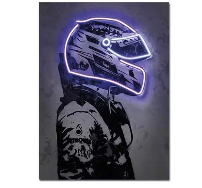 Illuminez la piste : affiche de casque F1 au néon