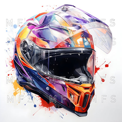 20 Vibrant Watercolor Motorcycle Helmet Clipart for Digital Design