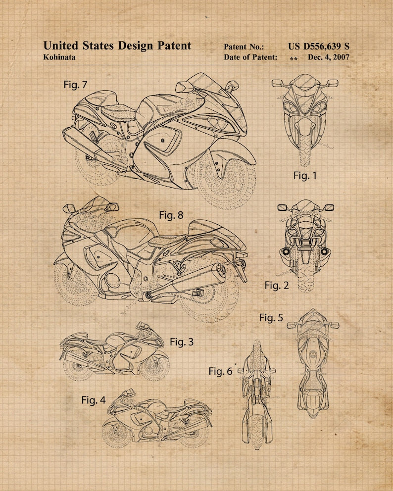 Vintage Motorcycle Blueprint Wall Art