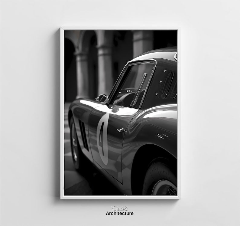 Classic Ferrari GTO: Minimalist Black & White Automotive Poster