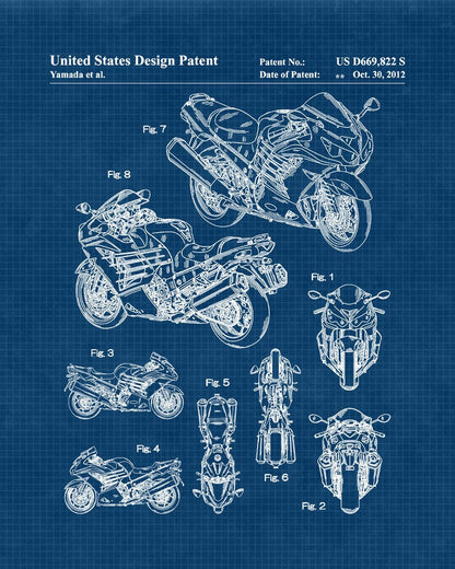 Vintage Motorcycle Blueprint Wall Art