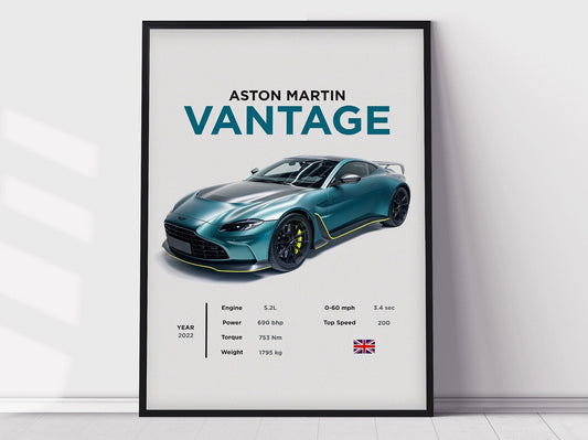 Affiche imprimée Aston Martin Vantage V12, décoration de chambre de garçon, art de bureau à domicile, décoration de chambre, affiches numériques, affiches de voiture