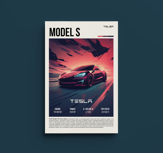 Retro Tesla Model S Automotive Print - Vintage Electric Car Poster, Sustainable Enthusiast Decor, Garage Wall Art, Electric EV, Tesla Fan